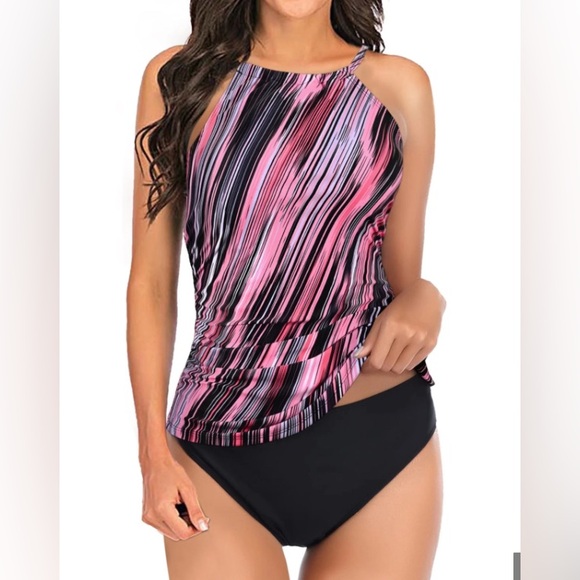 Tempt Me Other - Tempt Me High Neck Ruched Sides Tummy Control Tankini Top